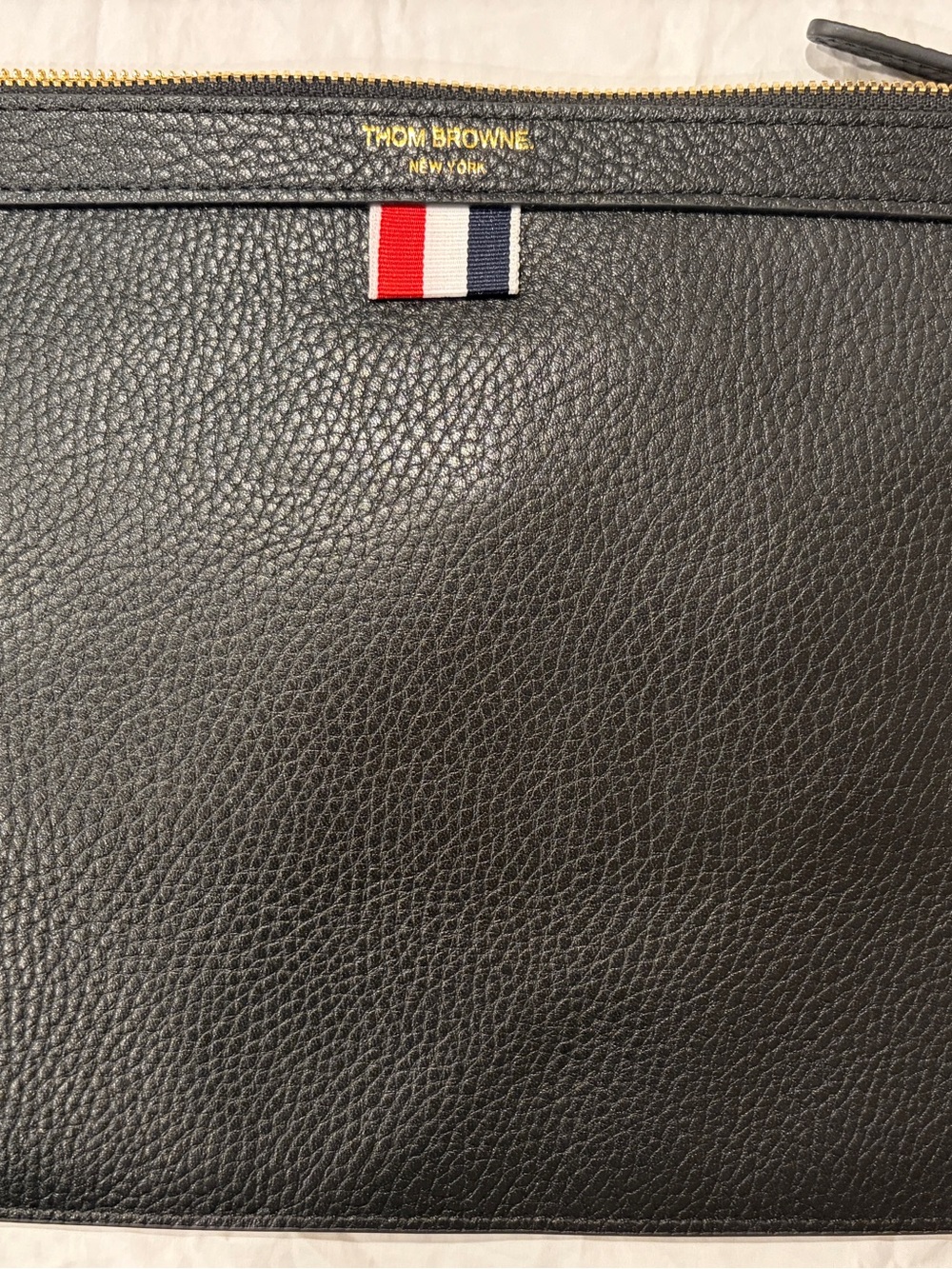 Thom Browne Black Pebbled Leather Toiletry Pouch with Tricolor Tab